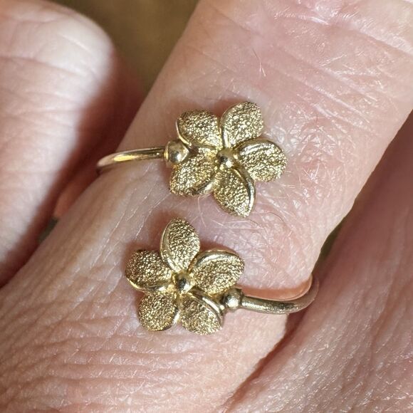 14K Rose Gold Double Flower Bypass Ring Adjustable Size 5-7 JMD Plumeria - Picture 6 of 12